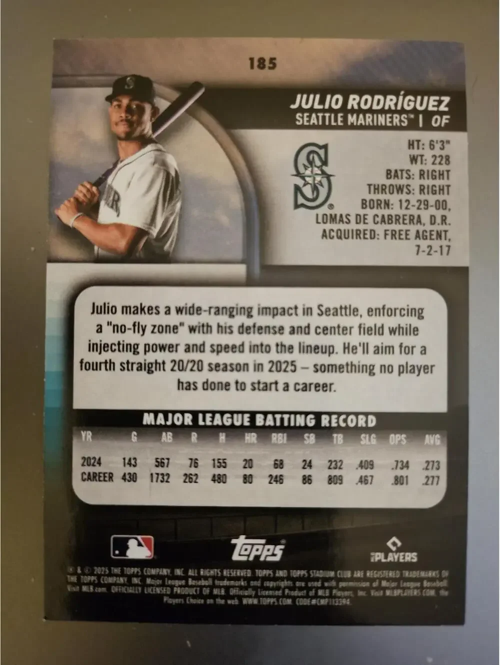 Julio Rodriguez [Light Blue] #185 2025 Topps Stadium Club